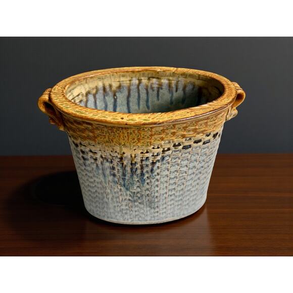 Brad Tucker Studio Pottery Basket Vase North Carolina Blue Brown Textured Glaze - Picture 4 of 9